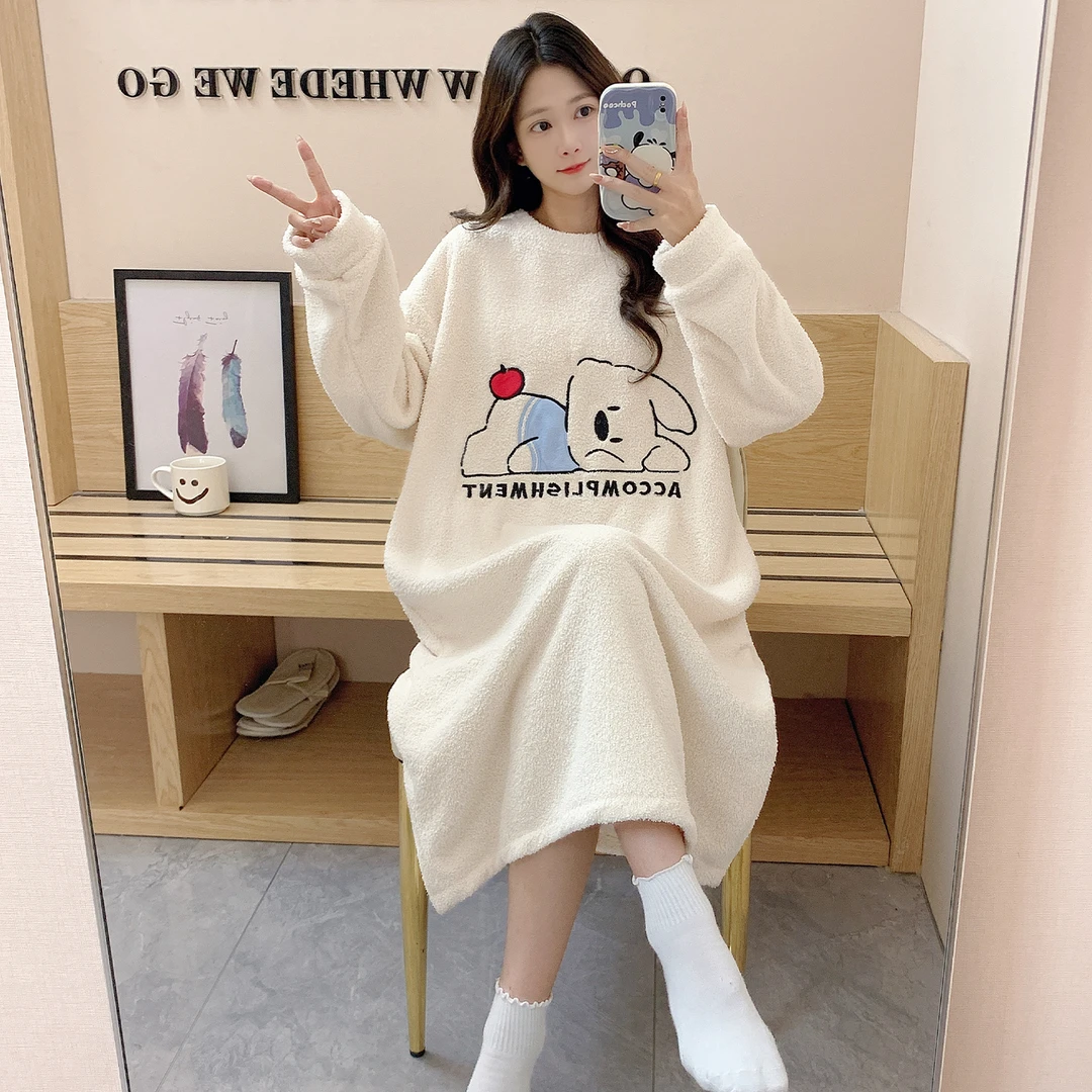 可爱卡通秋冬季睡衣女长袖中长款睡裙女冬季半边绒保暖家居服睡裙