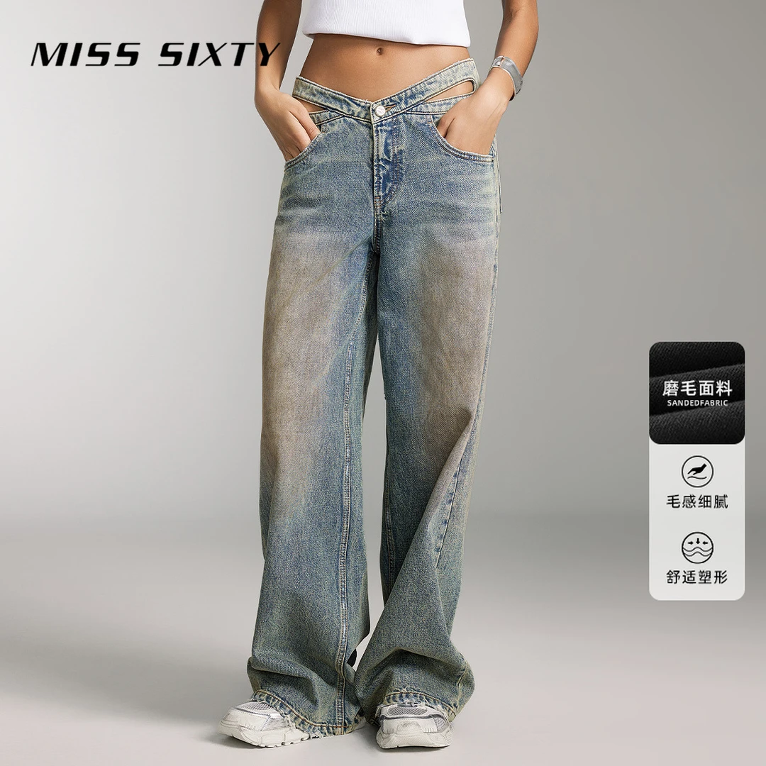 Miss Sixty牛仔裤低腰镂空蝴蝶腰阔腿裤宽松磨破长裤