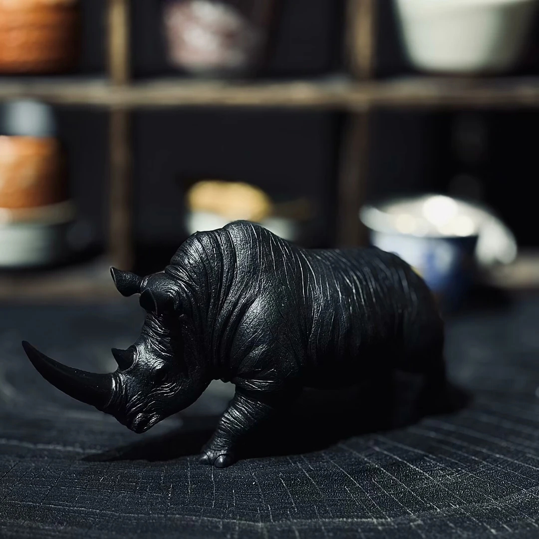千石原石原创手工雕刻黑色中犀牛茶宠可养可玩可摆茶宠摆件国风家