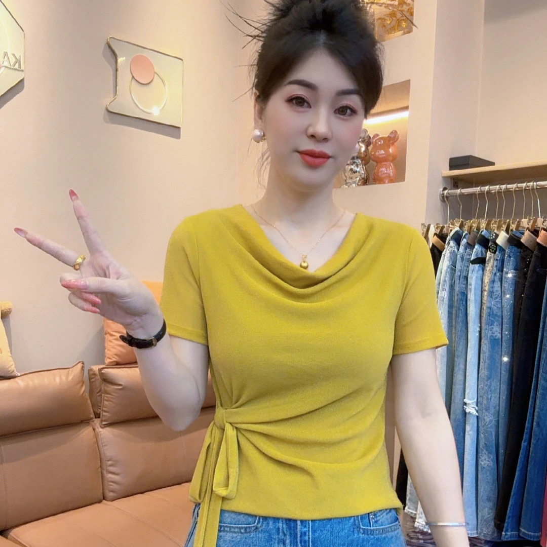 小敏家,夏季新款简约堆堆领绑带修身短袖T恤女百搭时尚