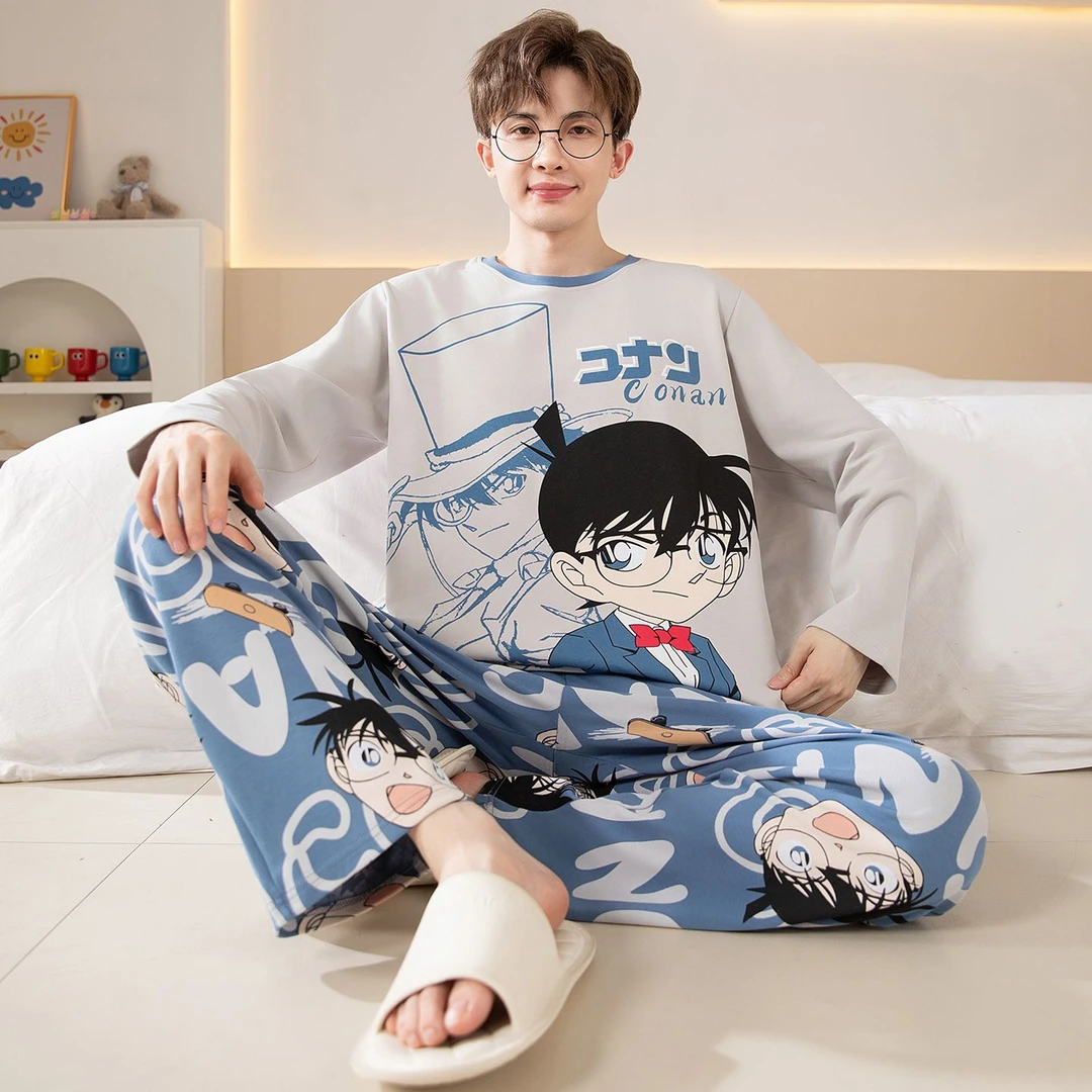 男孩大码长袖薄款透气宽松睡衣套装春秋季男士纯棉卡通休闲家居服