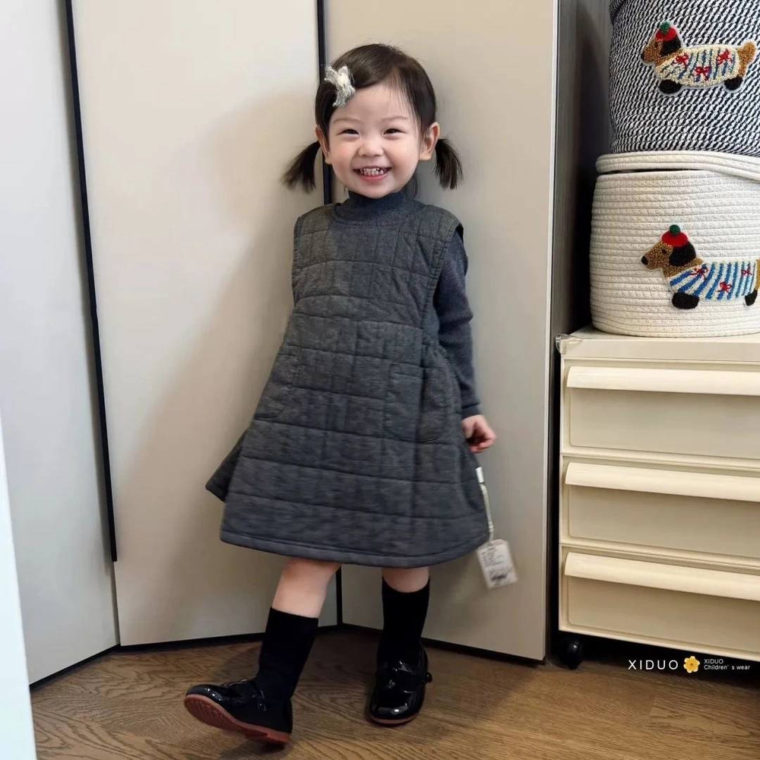 女童夹棉套装格子背心裙德绒打底衫女宝宝保暖休闲两件套
