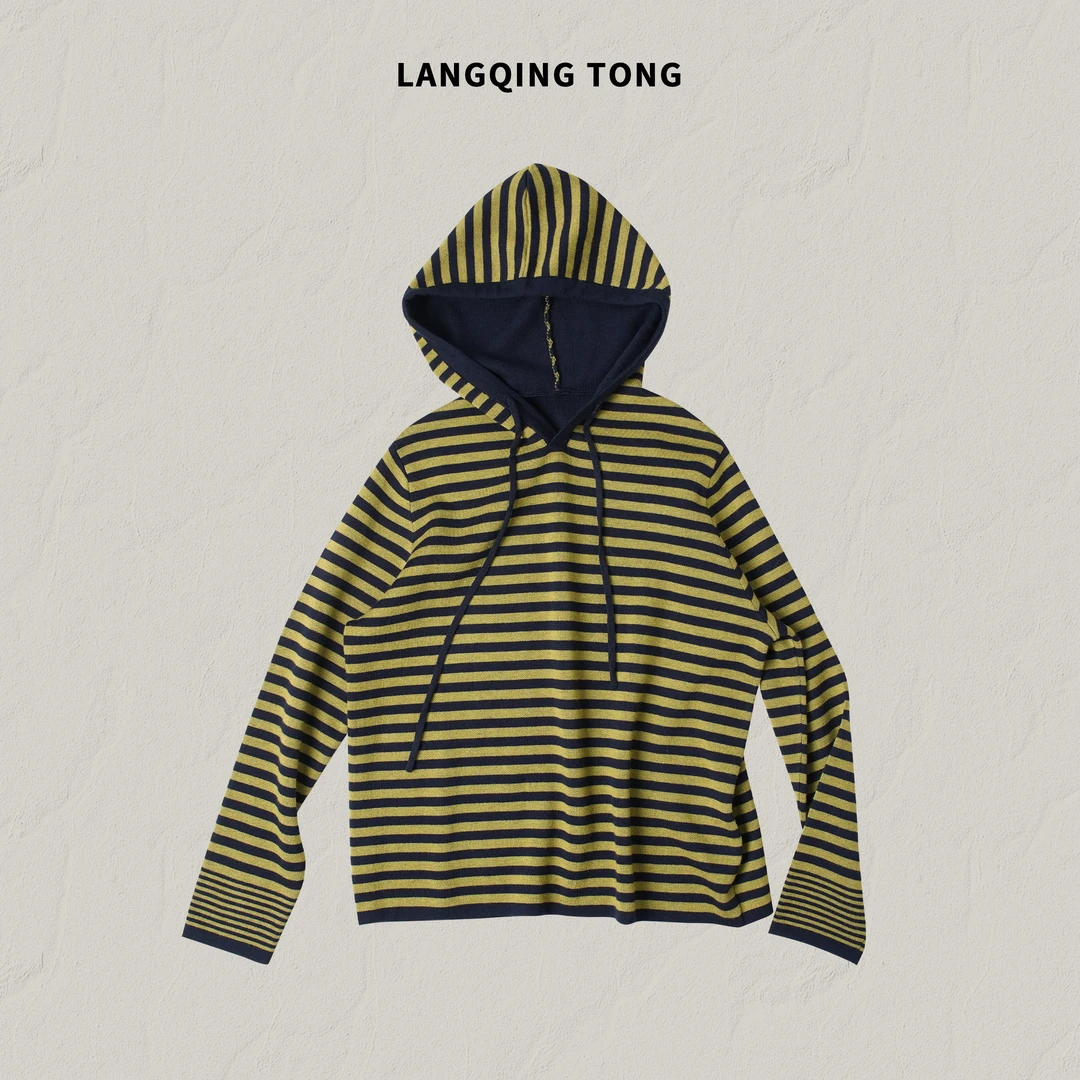 LANGQING 条纹抽绳羊毛混纺套头连帽针织衫47488#