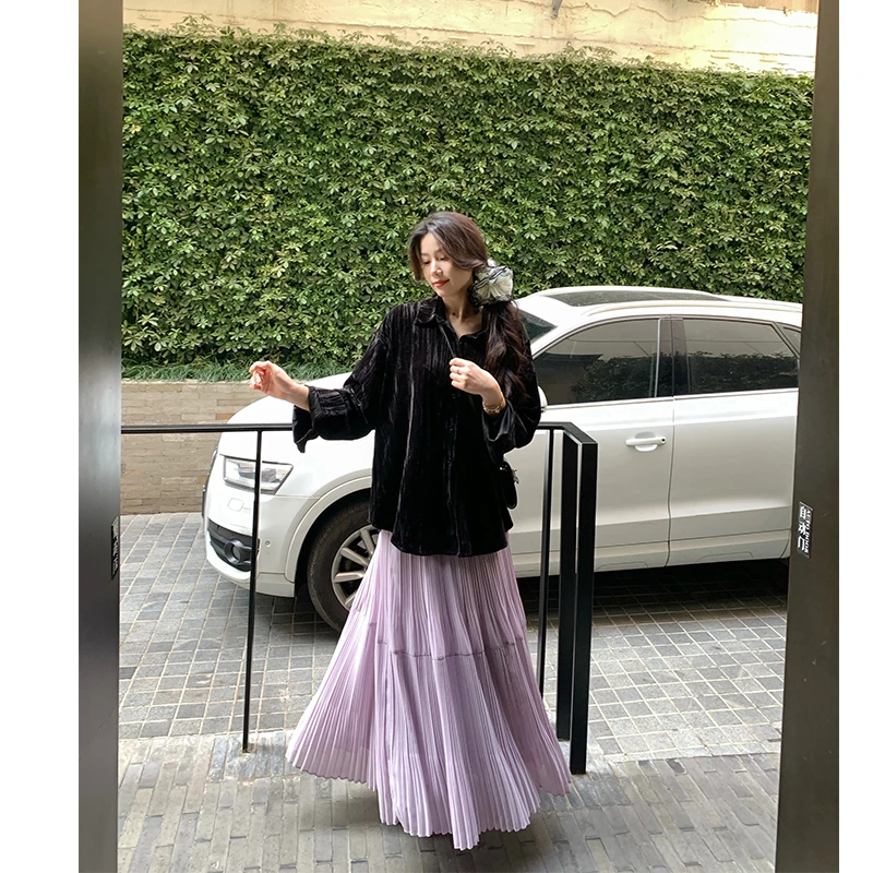 本希benxe 肌理感高腰垂感A字压皱大裙摆半身裙