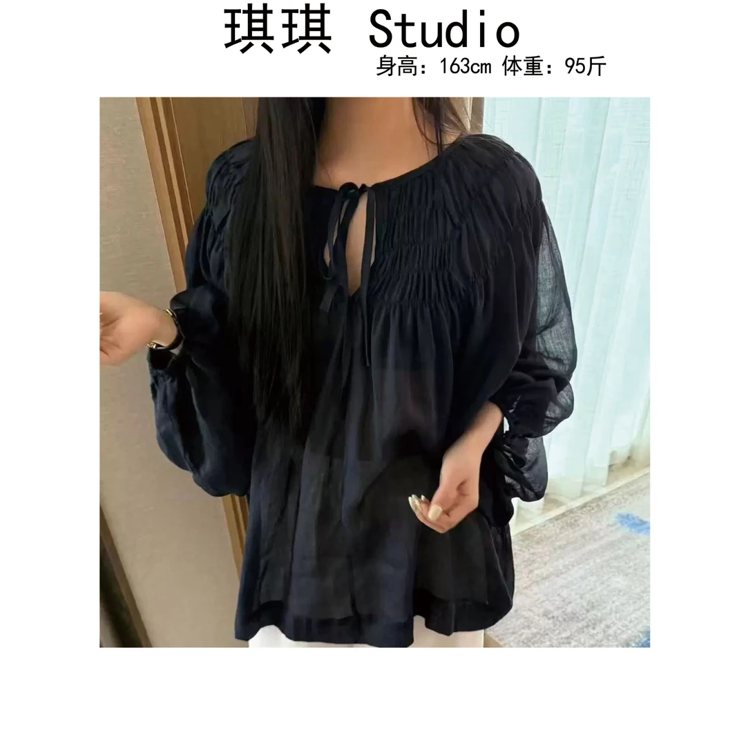 《琪琪家》夏季新款时尚百搭褶皱系带洋气套头灯笼袖上衣6568-CS