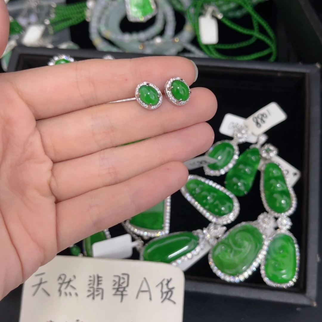 翡翠银S925镶嵌戒指蛋面耳钉