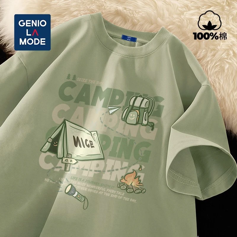 GENIOLAMODE重磅短袖男士t恤夏季美式纯棉体恤绿色休闲时尚半截袖