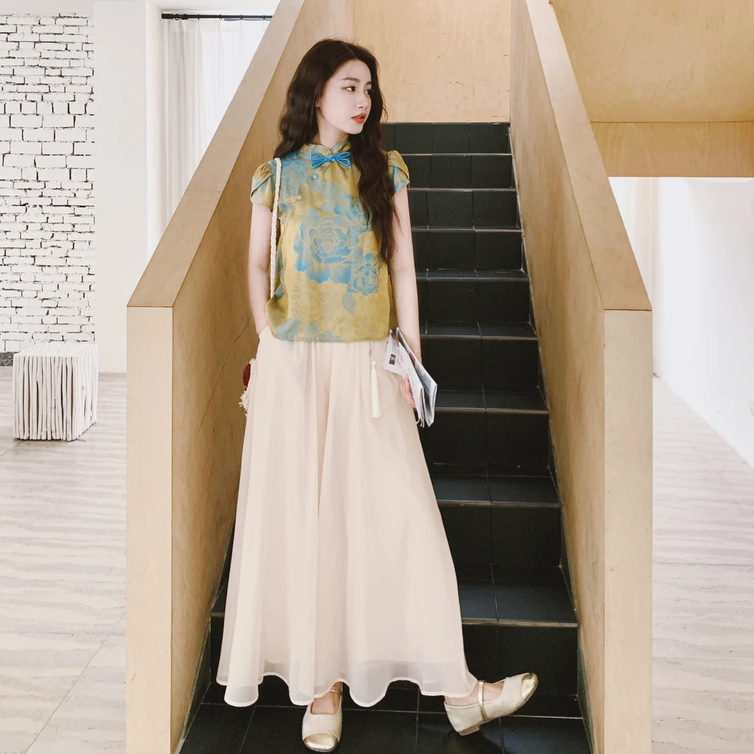 巨好看的新中式国风套装女夏季2025盘扣印花无袖上衣阔腿裤两件套