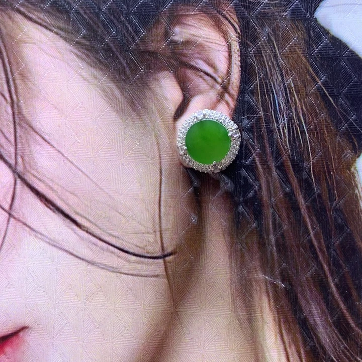 和田玉（碧玉）银S925镶嵌耳饰