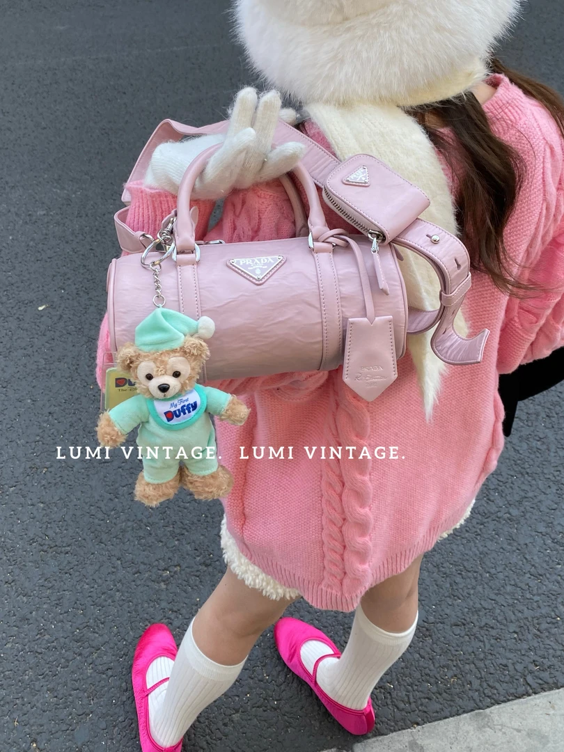 95新 Prada/普拉达 粉色油蜡牛皮三合一波士顿单肩包71666008