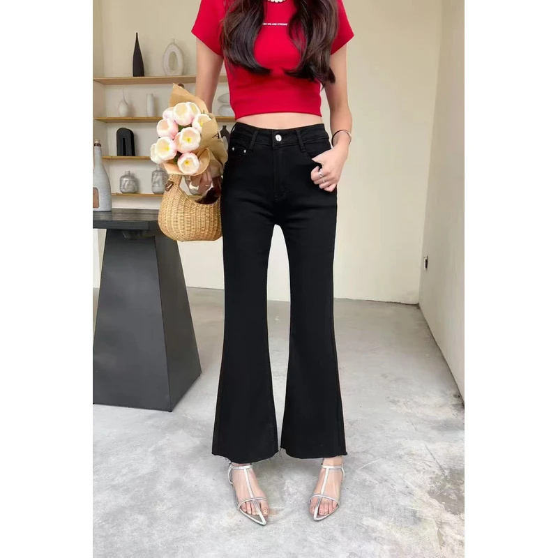 薇莎111【现货】九分黑色弹力微喇牛仔裤