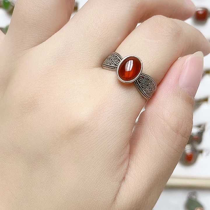 血珀银S925镶嵌戒指天然