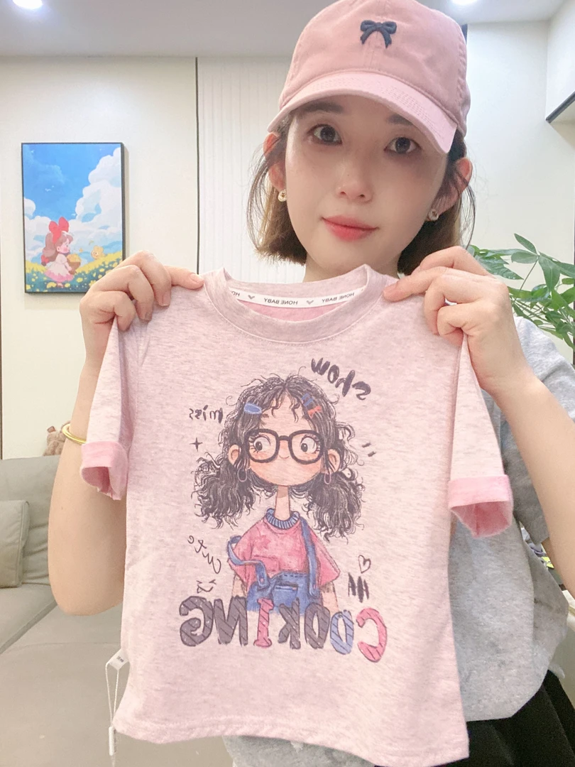 【亲子装】夏季新款潮流时尚女童卡通休闲百搭印花圆领短袖T恤休闲