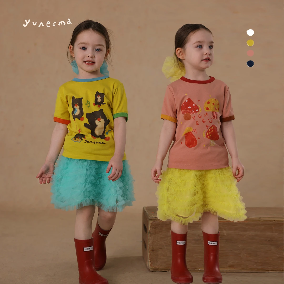 女童夏季新款可爱撞色卡通短袖 允儿妈2025新款T恤儿童洋气上衣潮