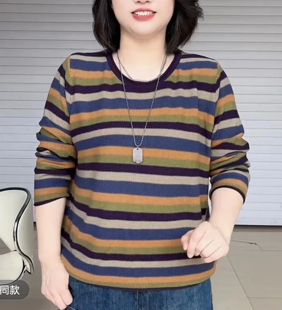 2025夏新款长袖圆领时尚妈妈高级简约复古条纹上衣薄款针织小衫女