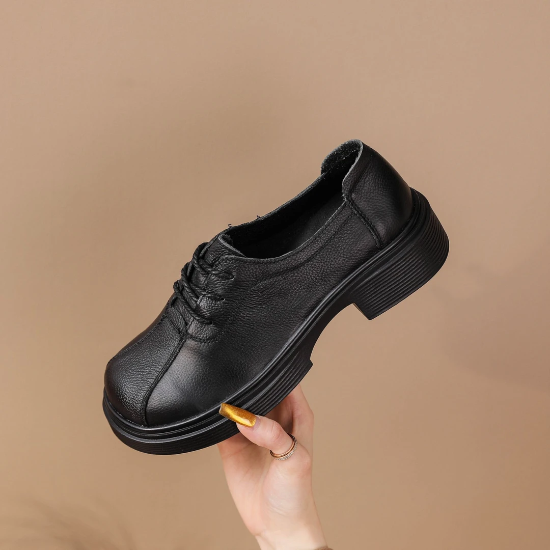 新款牛皮系带粗跟单鞋工装鞋女皮鞋英伦风软底女鞋休闲春秋圆头