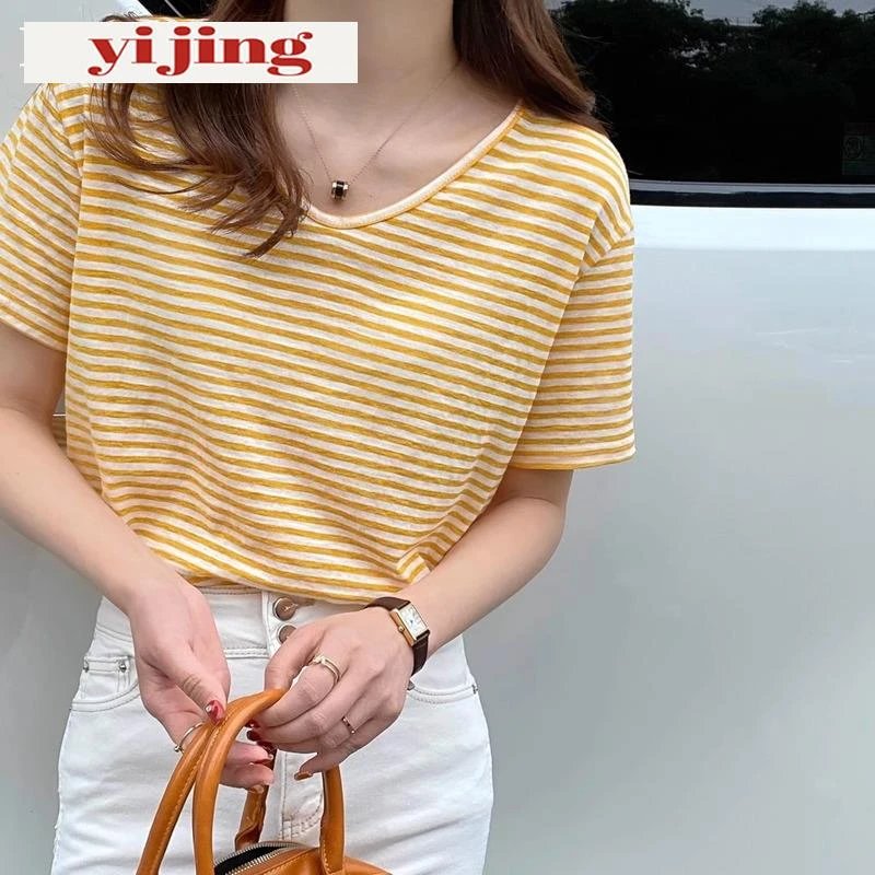 异径薄款v领气质条纹t恤女短袖夏季2025年新款宽松冰丝小上衣