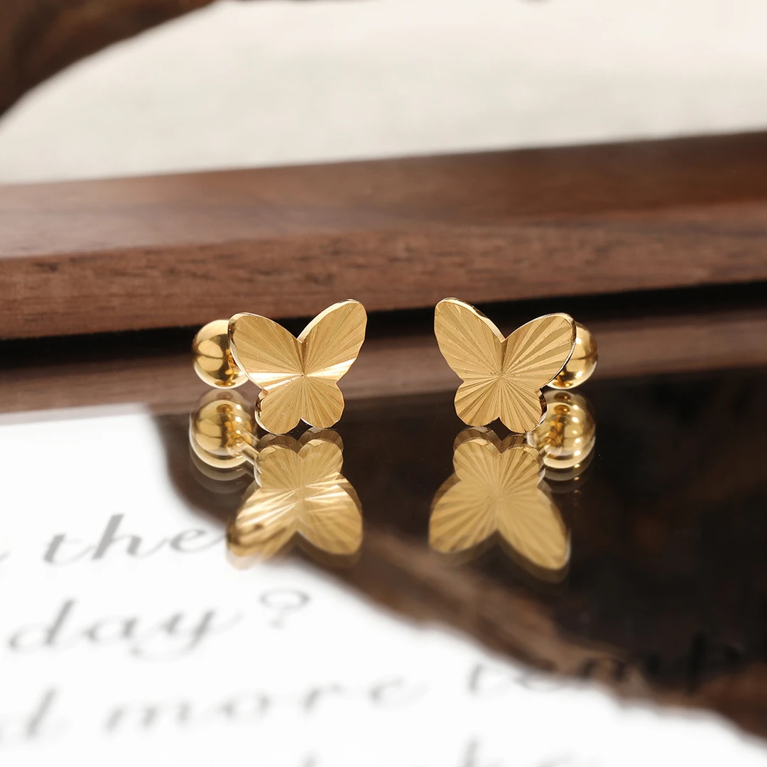 钛钢耳饰 新款批花i镭射蝴蝶耳钉耳骨钉时尚简约个性耳饰