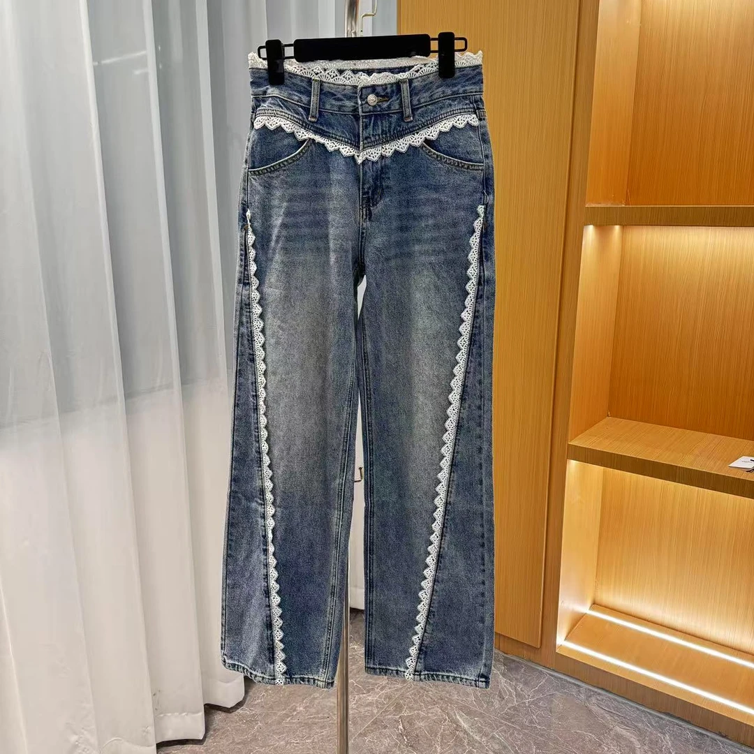 《猪猪出品》2025上新夏季新品蓝色休闲蕾丝牛仔裤百搭女士
