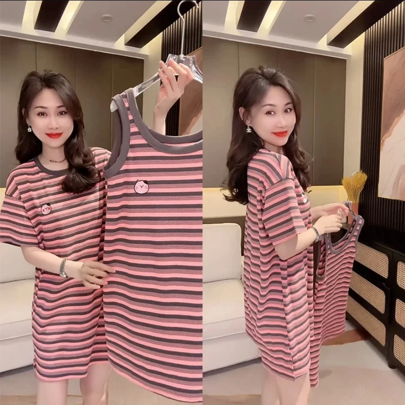 9908款女款韩版无袖条纹睡裙女大码舒适透气家居服