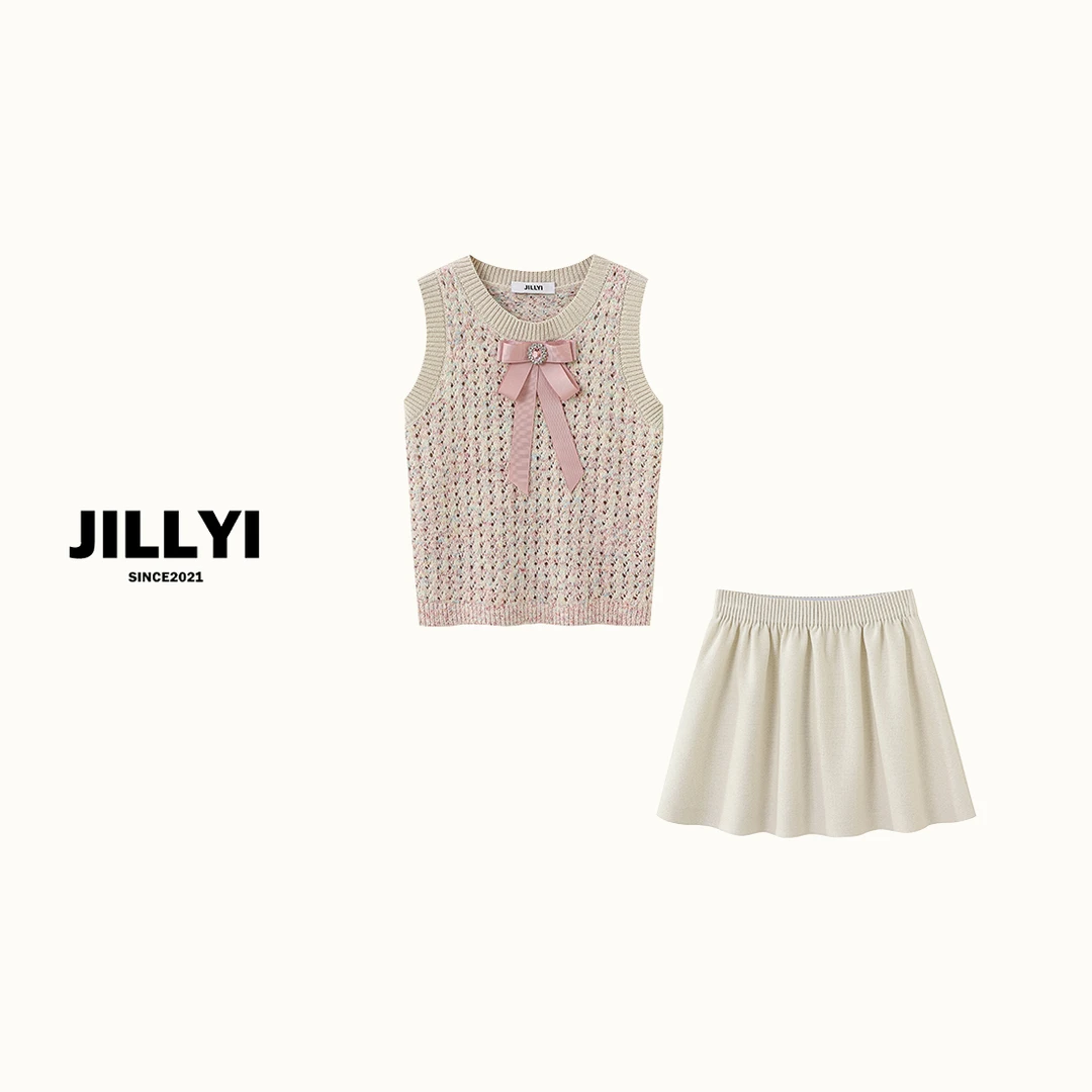 JILLYI珠海店【樱花糯米糍】+【奶油泡芙】粉色圆领马甲+白色半身裙套