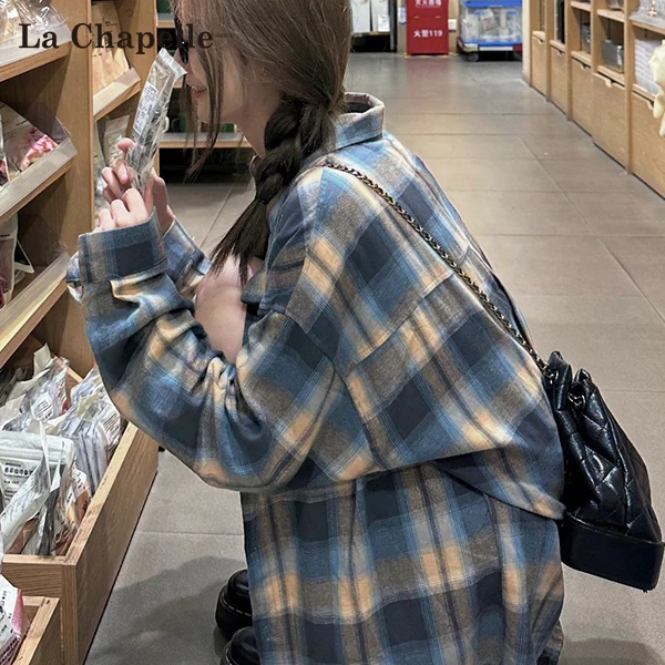 拉夏贝尔蓝色复古格子衬衫女秋季新款慵懒风叠穿衬衣长袖上衣外套