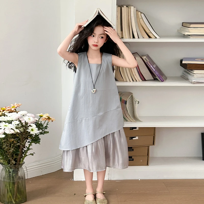 【嘻嘻柚】女童不规则背心连衣裙2025夏季新款洋气女孩中长款吊带裙