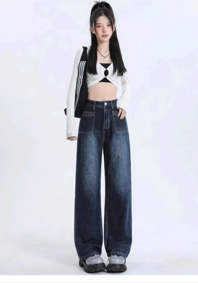 蓝灰色无弹窄版阔腿裤牛仔裤