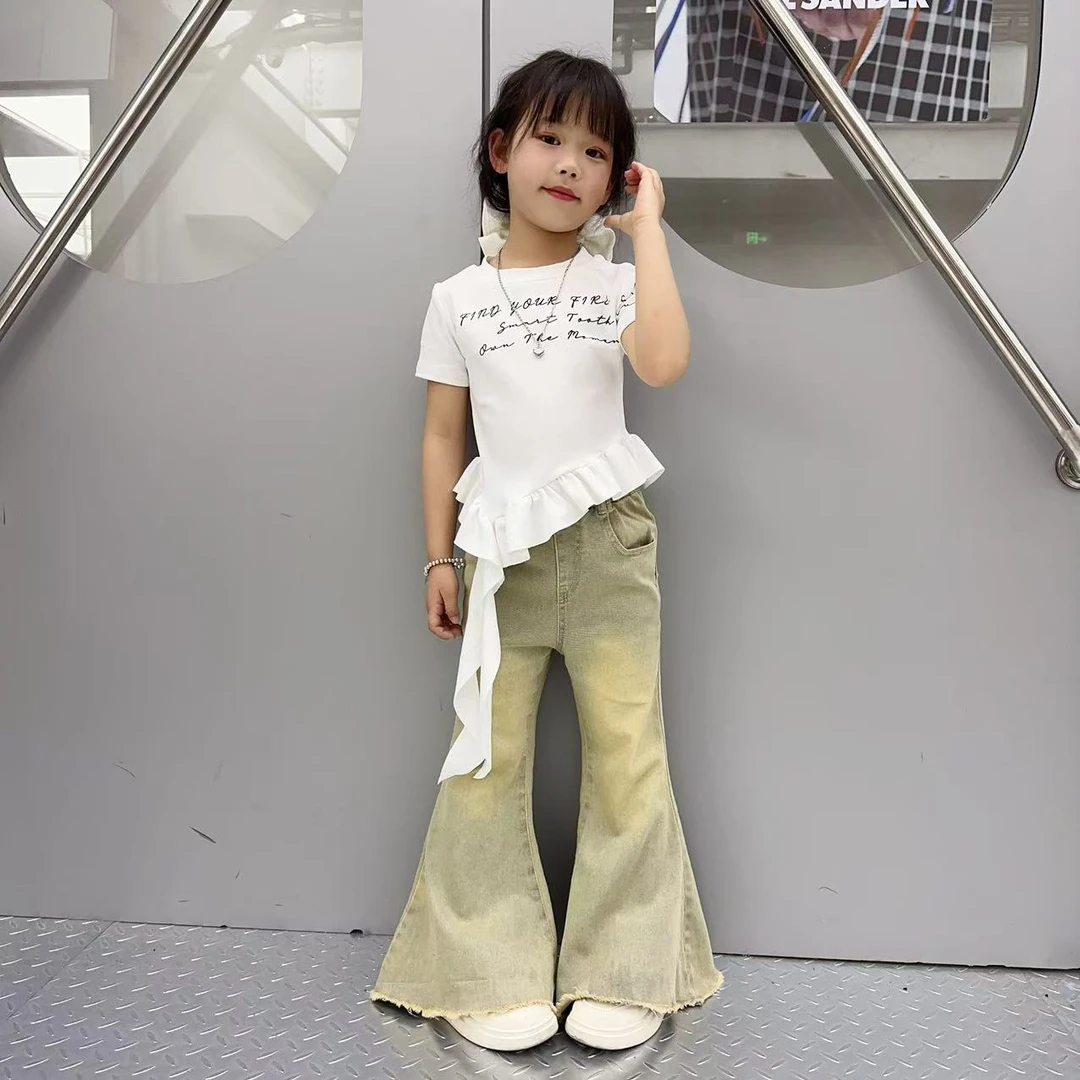 女童2025夏季设计感美式辣妹木耳边飘带短袖时尚喇叭牛仔裤套装