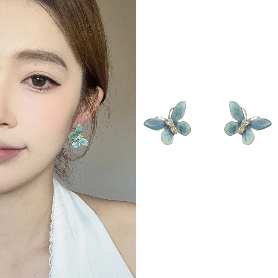 oushipei/欧诗佩 铜合金耳饰 精致镶钻渐变蓝色滴釉蝴蝶耳环