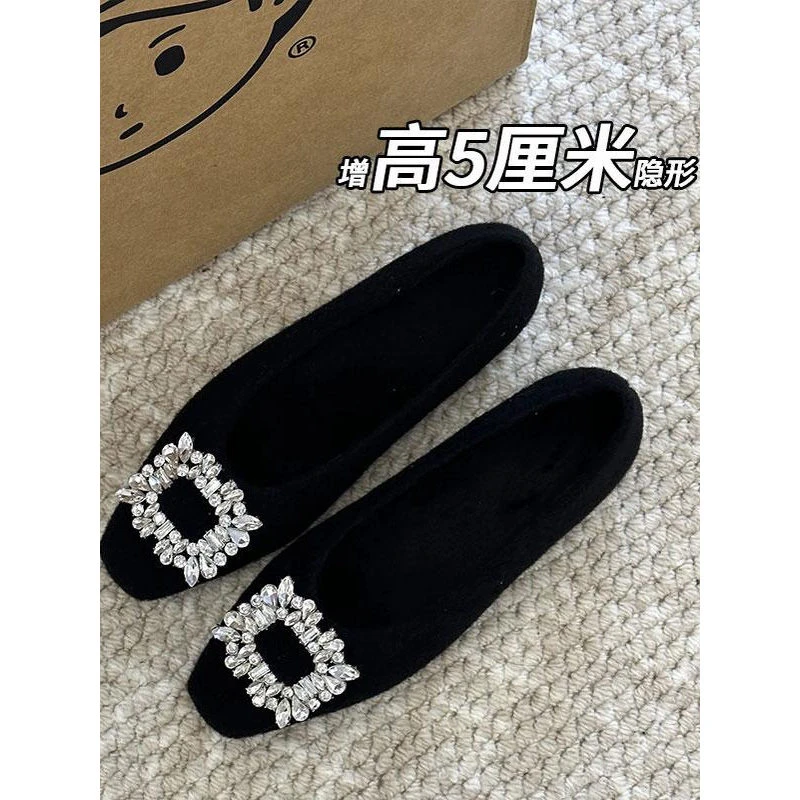 隐形增高5厘米韩系小众仙女浅口水钻毛呢单鞋女气质冬外穿毛毛鞋
