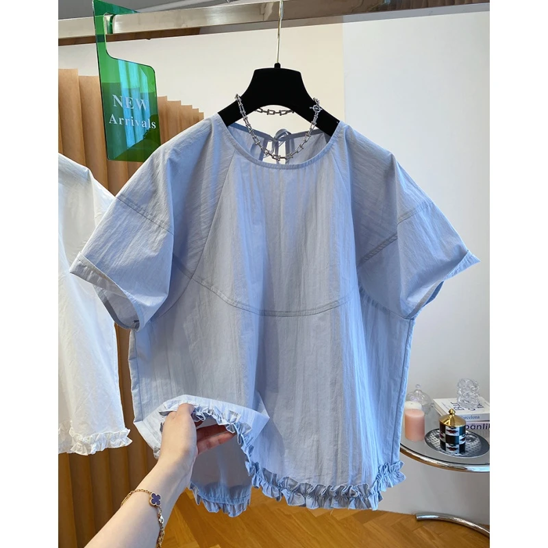 P0118韩系蓝色娃娃衫上衣女夏季款宽松休闲百搭套头圆领短袖衬衫
