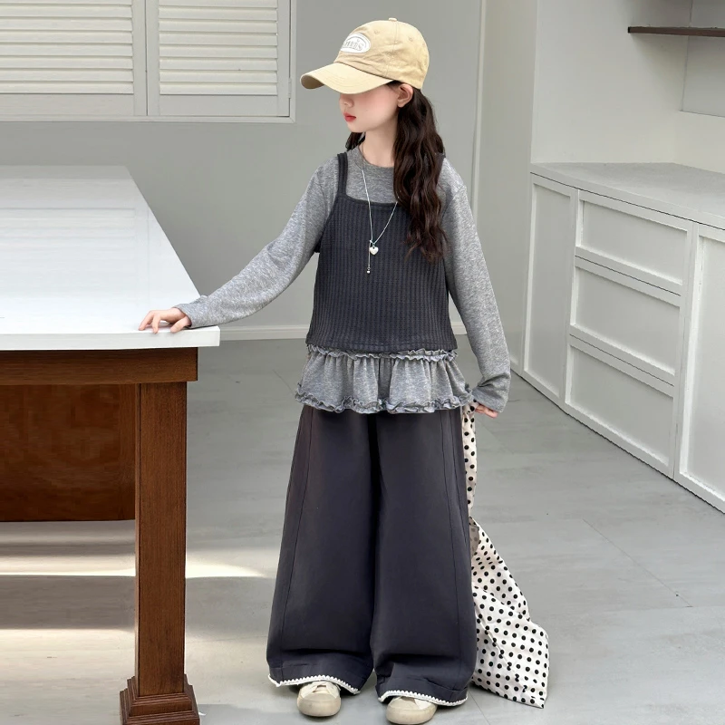 女童秋装套装2025新款洋气儿童韩系春秋款马甲打底衫阔腿裤三件套