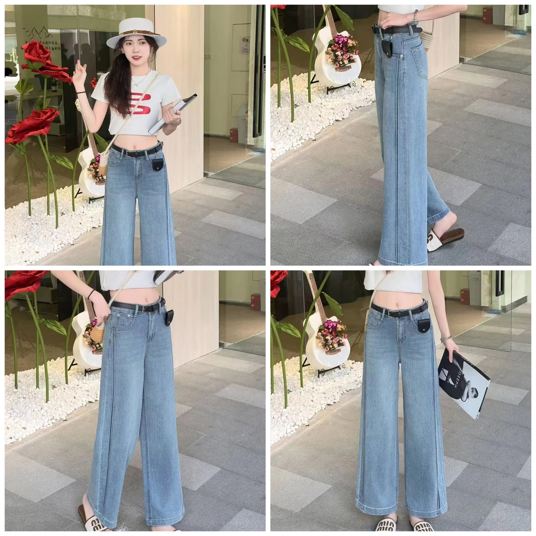 夏季女水洗长裤弹力高腰牛仔裤阔腿裤直筒显瘦女裤扣号链接