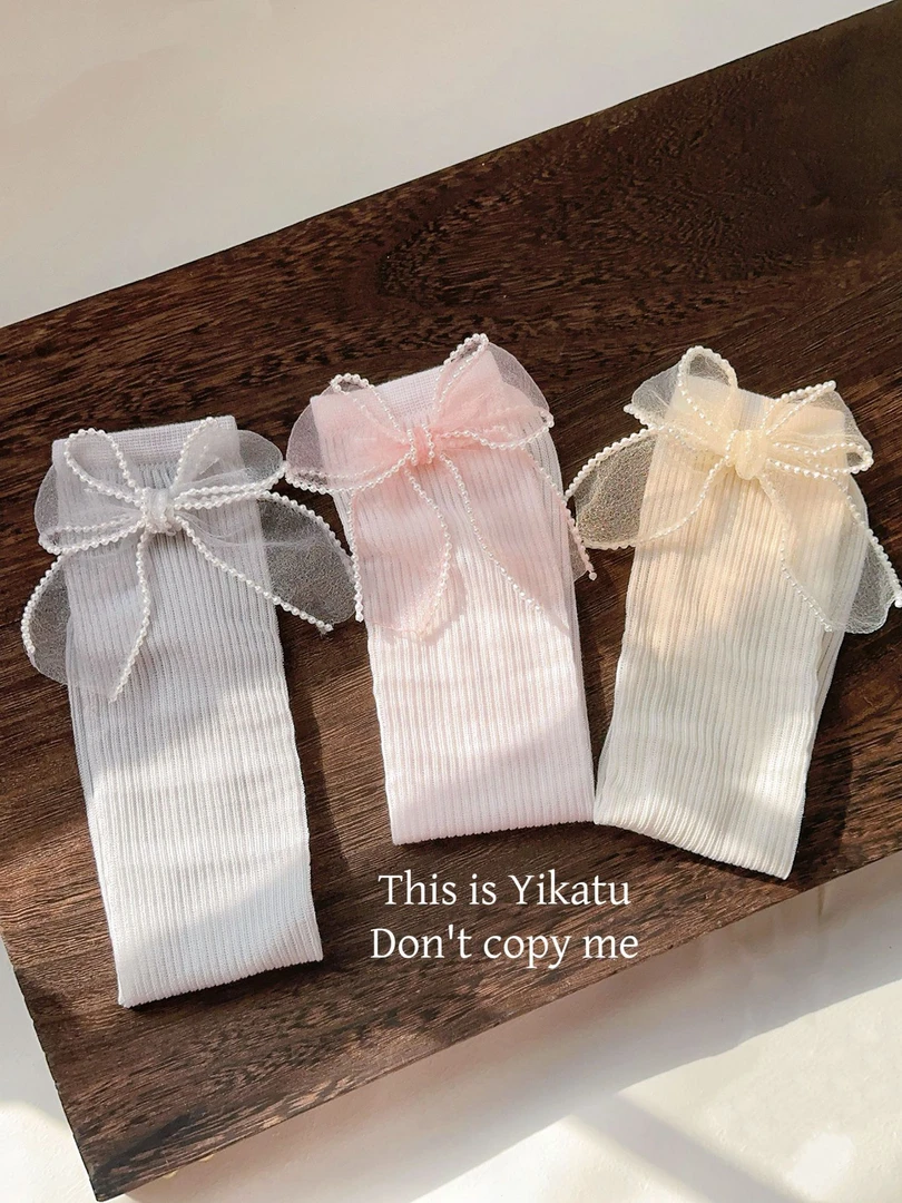 （全店3双包邮）伊卡兔童袜2025夏季新款珍珠蝴蝶结无根薄款亲子袜