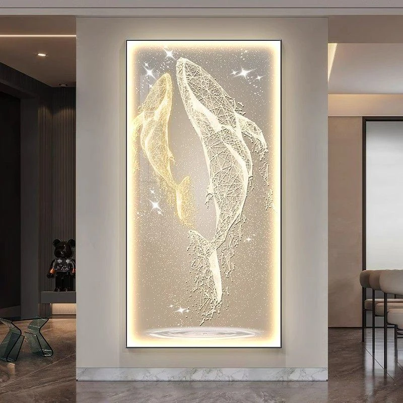 现代轻奢简约卡通入户玄关画鲸鱼装饰画带灯光高级感走廊过道挂画