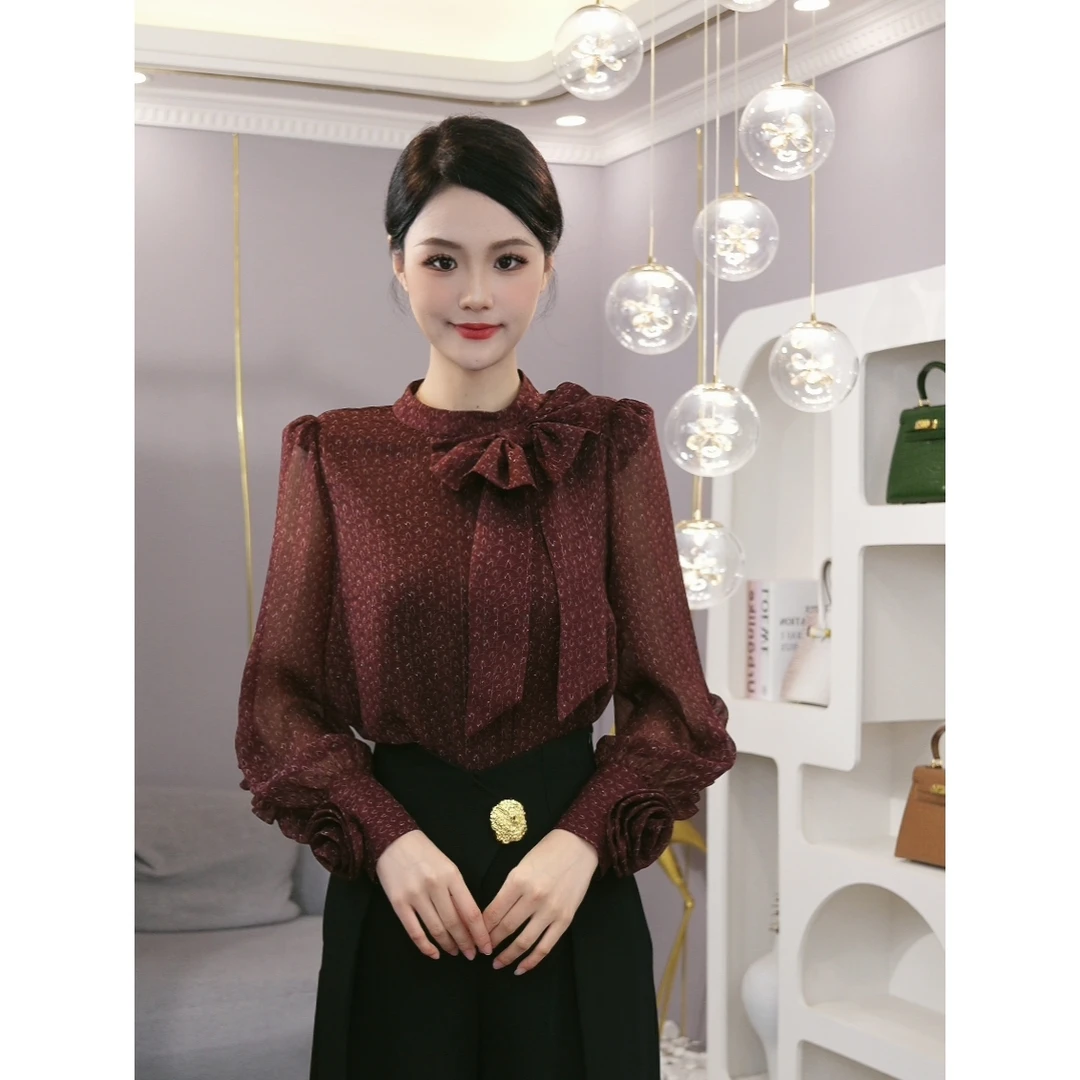 2025春秋新款【DD-745-2】减龄蝴蝶结时尚气质巧克力色长袖衬衫上衣
