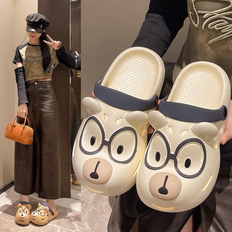 2025春夏新款撞色百搭防滑包头拖鞋户外居家室内搞怪狗狗洞洞鞋女