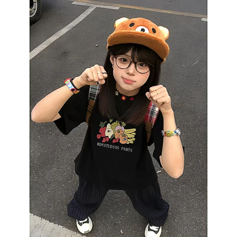 美式复古T恤小个子黑色落肩短袖女显瘦百搭上衣纯棉潮牌高级感ins