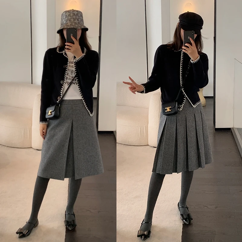 两面穿格雷系灰色百褶裙中裙知识分子秋冬羊毛毛呢半身裙