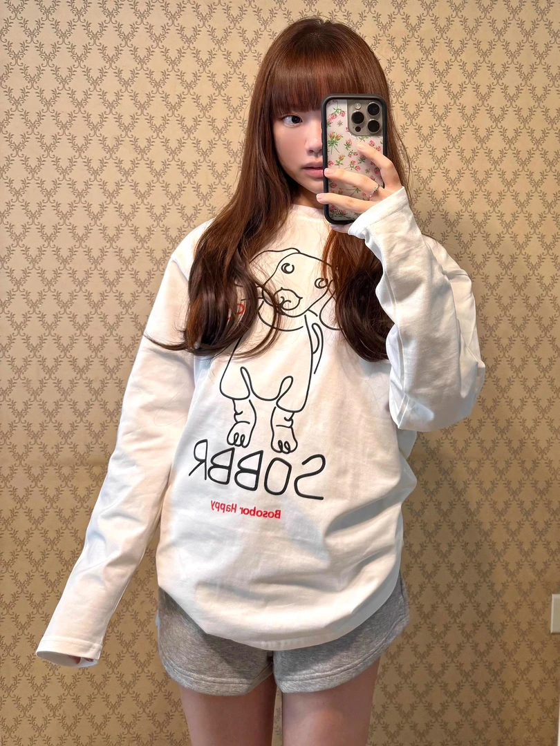 美式纯棉长袖t恤女印花新款宽松慵懒风早秋韩系设计感上衣打底衫