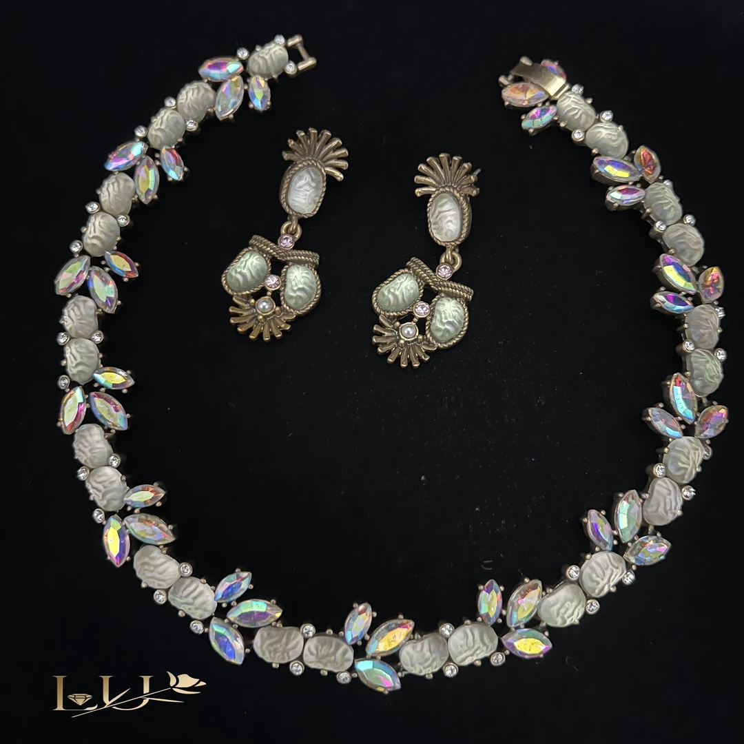 铜合金树脂项链 设计师款Choker短项链35厘米耳环套装彩色复古