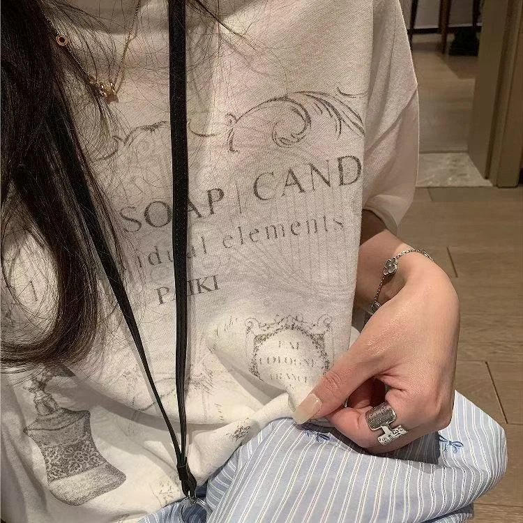 GL 复古印花短袖T恤女夏季宽松慵懒中长款圆领水洗休闲做旧上衣