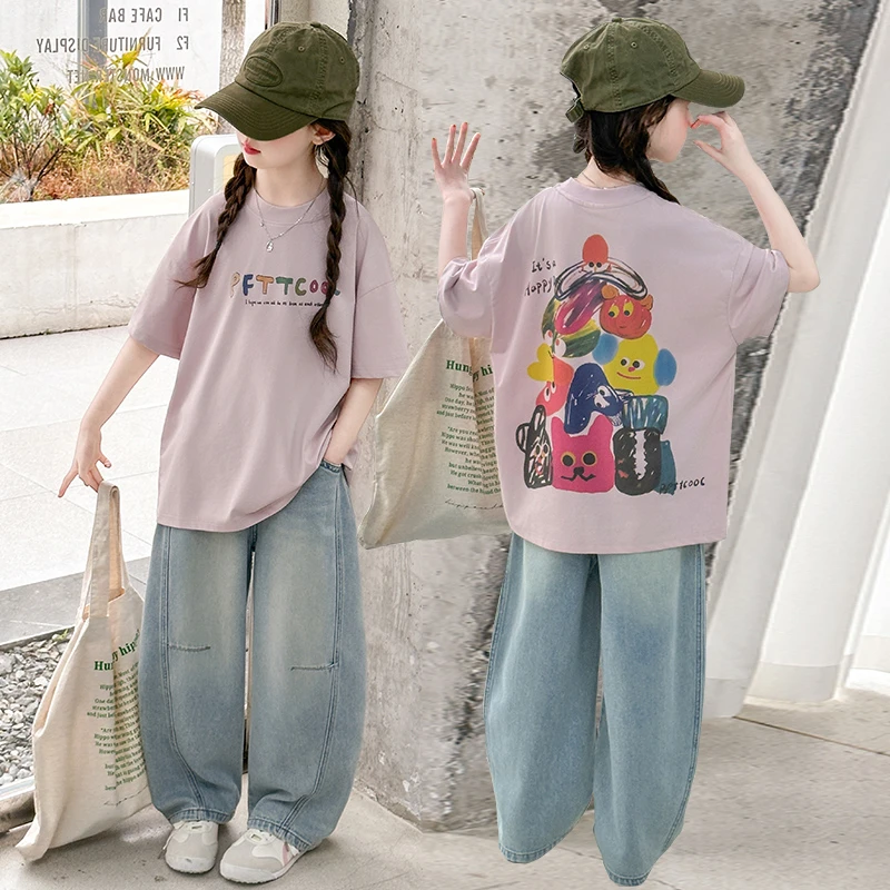 女童夏季短袖套装2025新款洋气时髦小女孩休闲时尚牛仔裤两件套潮