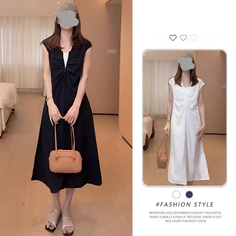 法式漂亮独特v领无袖连衣裙夏高级感遮肚子显瘦轻奢气质小白裙子