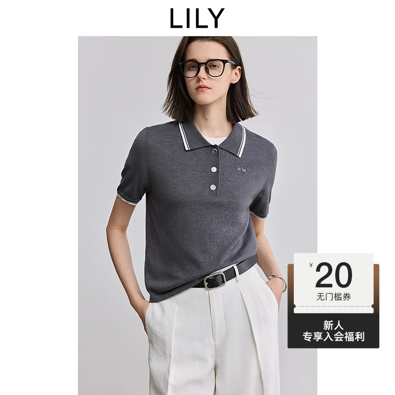 【一秒入夏】LILY2025夏新款学院风POLO领宽松针织衫女125219TK904