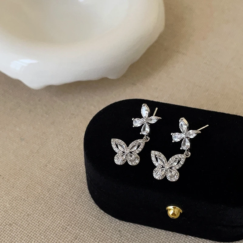 合金锆石耳饰 复古超仙小众法式蝴蝶少女风耳钉耳环S925银针