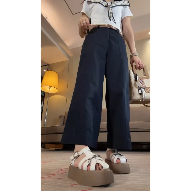 Aimeerosa/艾洛莎2025夏季新款复古通勤西装裤女显瘦阔腿九分裤子