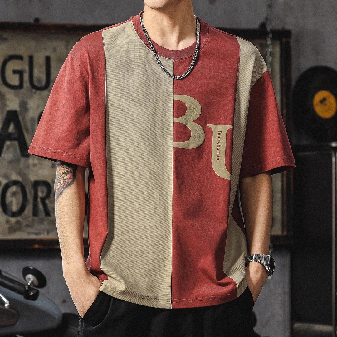 MR.MUDI/穆迪先生日系复古印花潮短袖t恤男美式撞色拼接宽松休闲