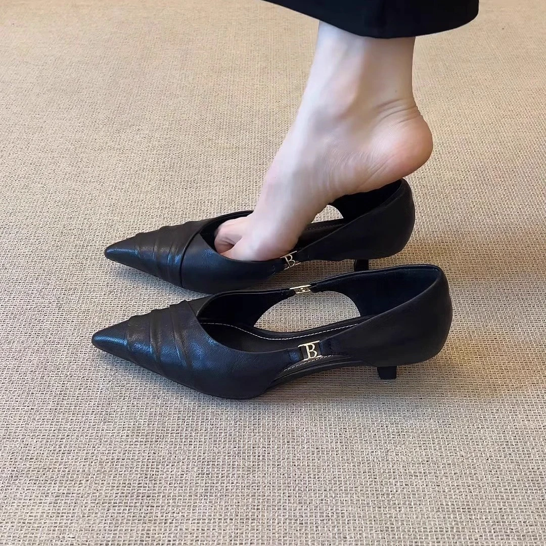 羊皮版~2025新款法式复古风尖头细跟单鞋女气质休闲百搭高跟鞋女